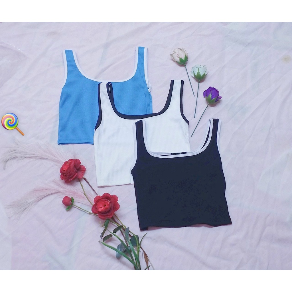 áo croptop viền màu cổ u chất thun gân mềm mịn