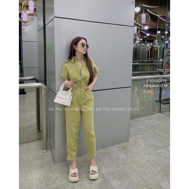 Jumpsuit tăm nhung dài cổ sơ mi có túi tay ngắn