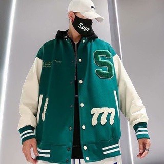 Áo khoác bomber varsity màu xanh lá thêu chữ s phối tay da Chất dạ 2 lớp dày- áo khoác bóng chày thể thao nam nữ UNISEX