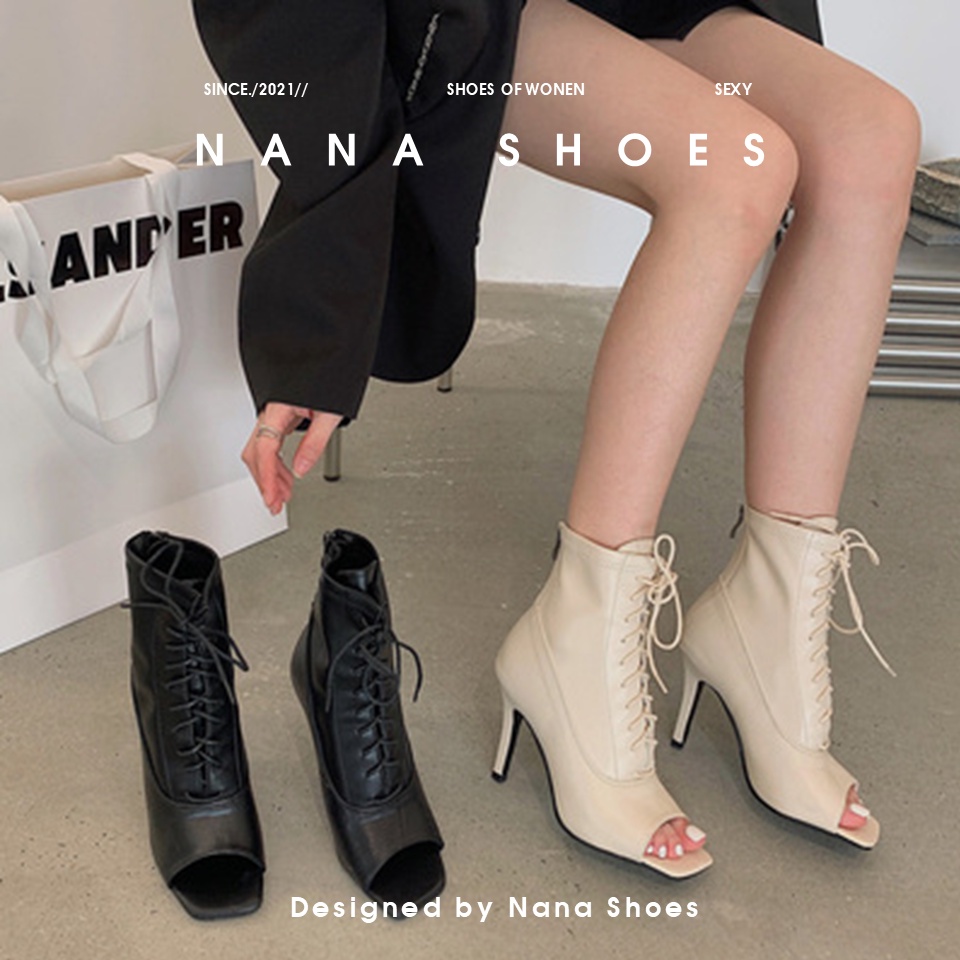 Bốt Nữ Cao Gót Hở Mũi Phối Dây Buộc Đế Cao 9 Phân Boot Nữ Cao Gót Mã M10 - Nana Shoes