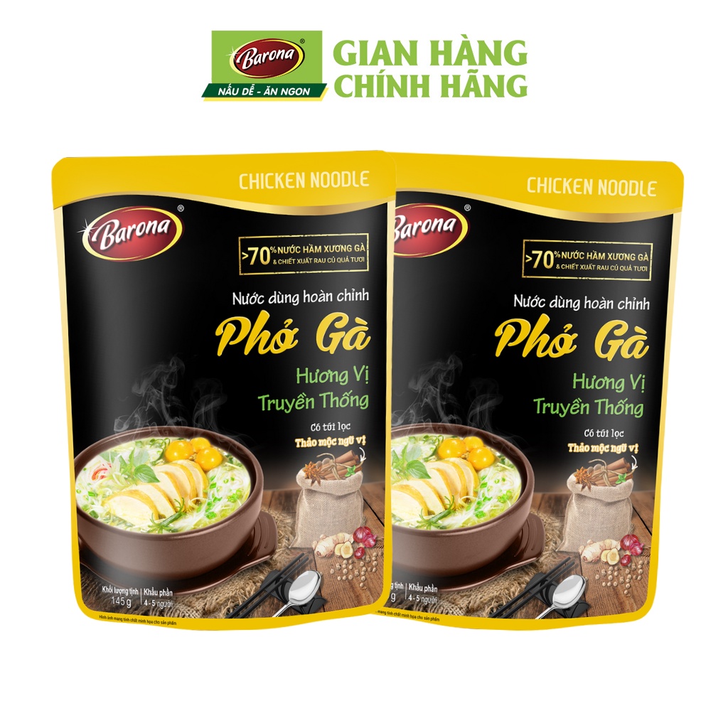 Combo 2 Gói Nước dùng Phở Gà Barona 145g, Tặng tiêu hạt