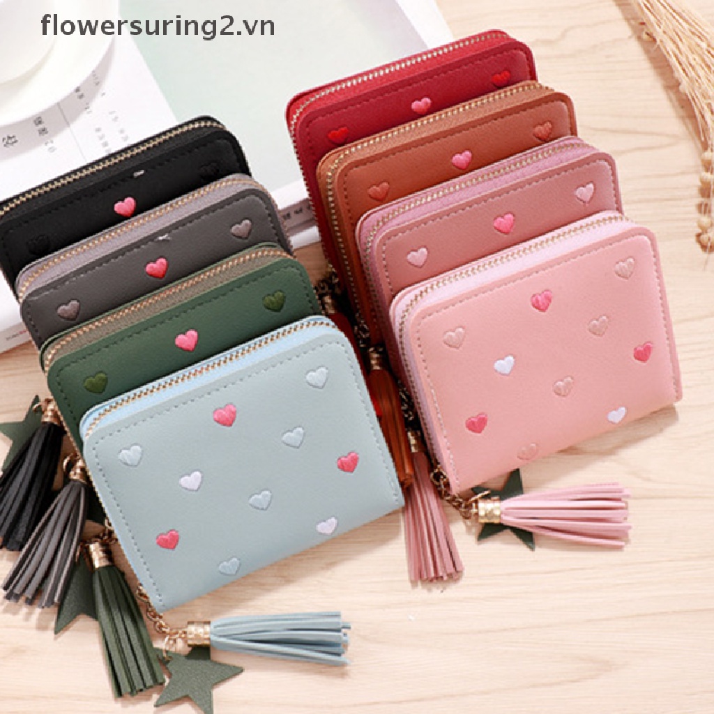 Ví Da Pu Ngắn Mini Có Dây Kéo Phối Tua Rua Dễ Thương Cho Nữ