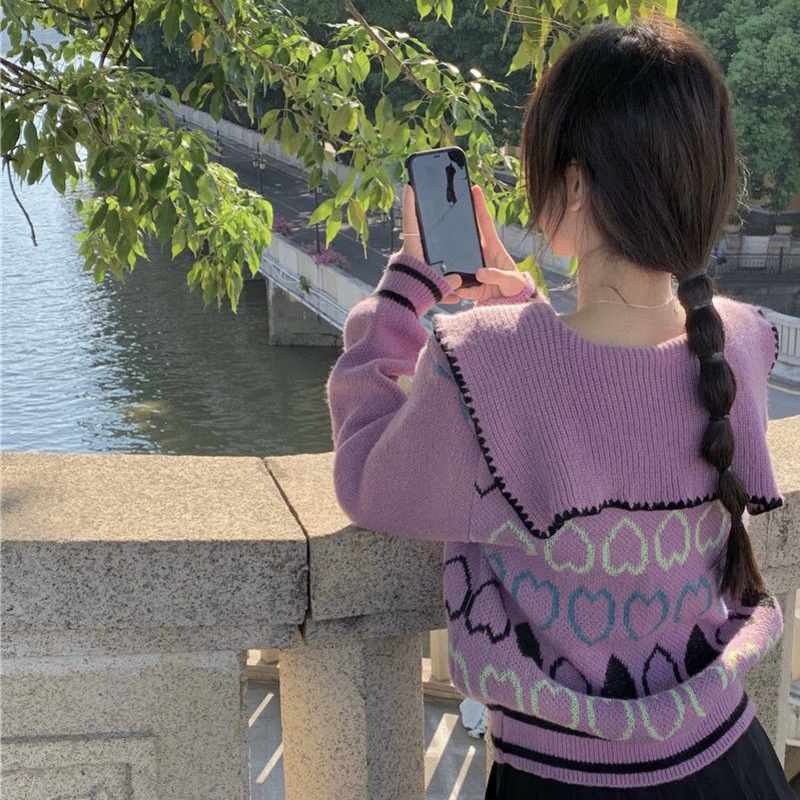 Áo sweater Cổ Búp Bê Đính Nơ In Họa Tiết Thời Trang Mùa Thu Mới Cho Nữ