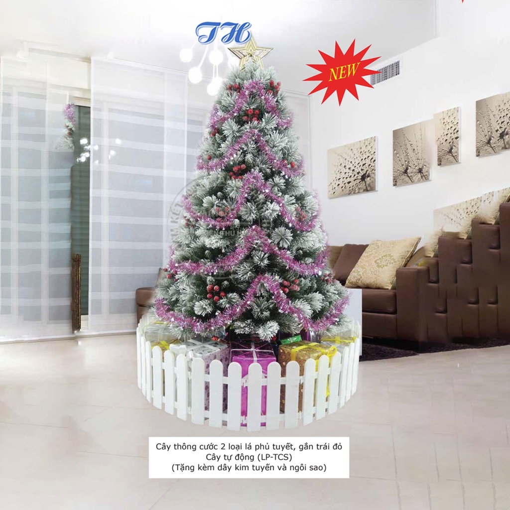 Cây thông noel 2m1 mẫu cước 2 loại lá phủ tuyết gắn trái đỏ trang trí phòng ngủ, phòng khách mùa giáng sinh
