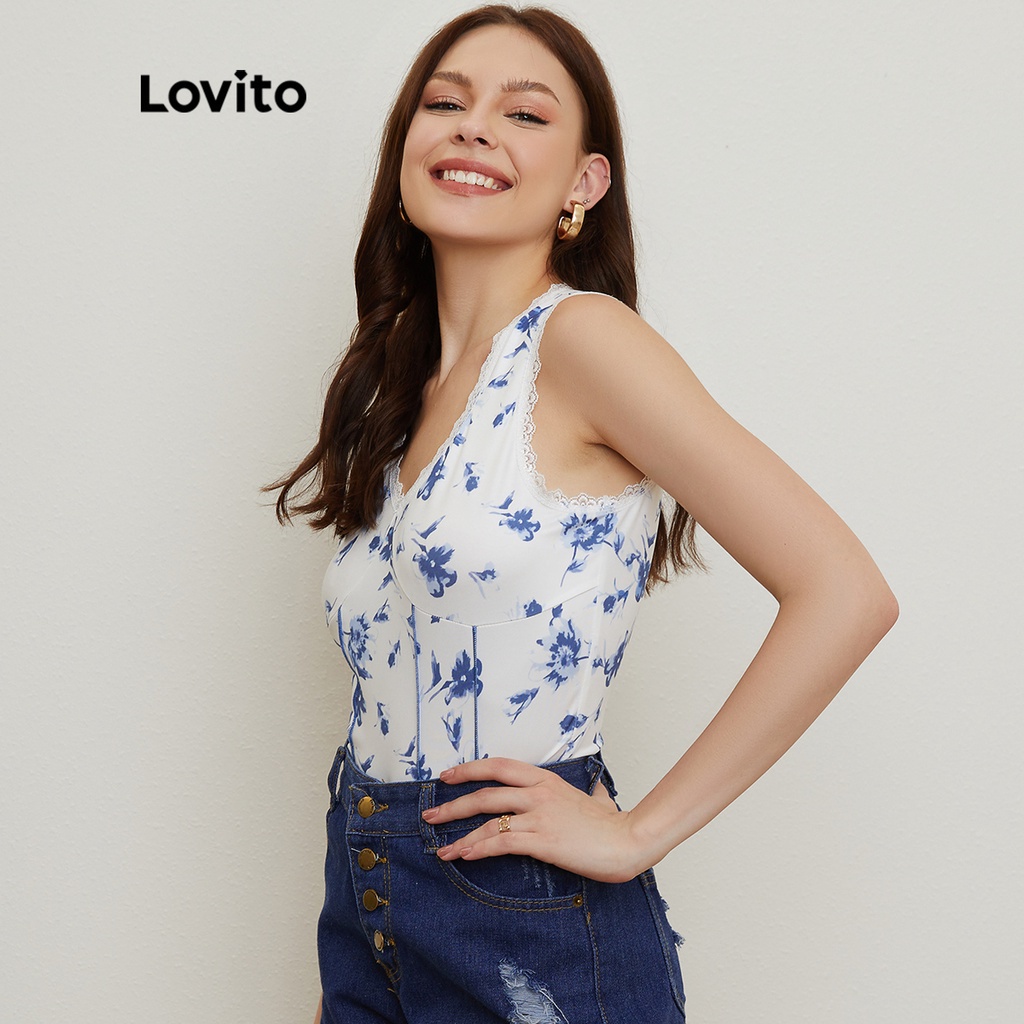 Lovito Áo Ren Hoa Tương Phản Thời Trang L20D105