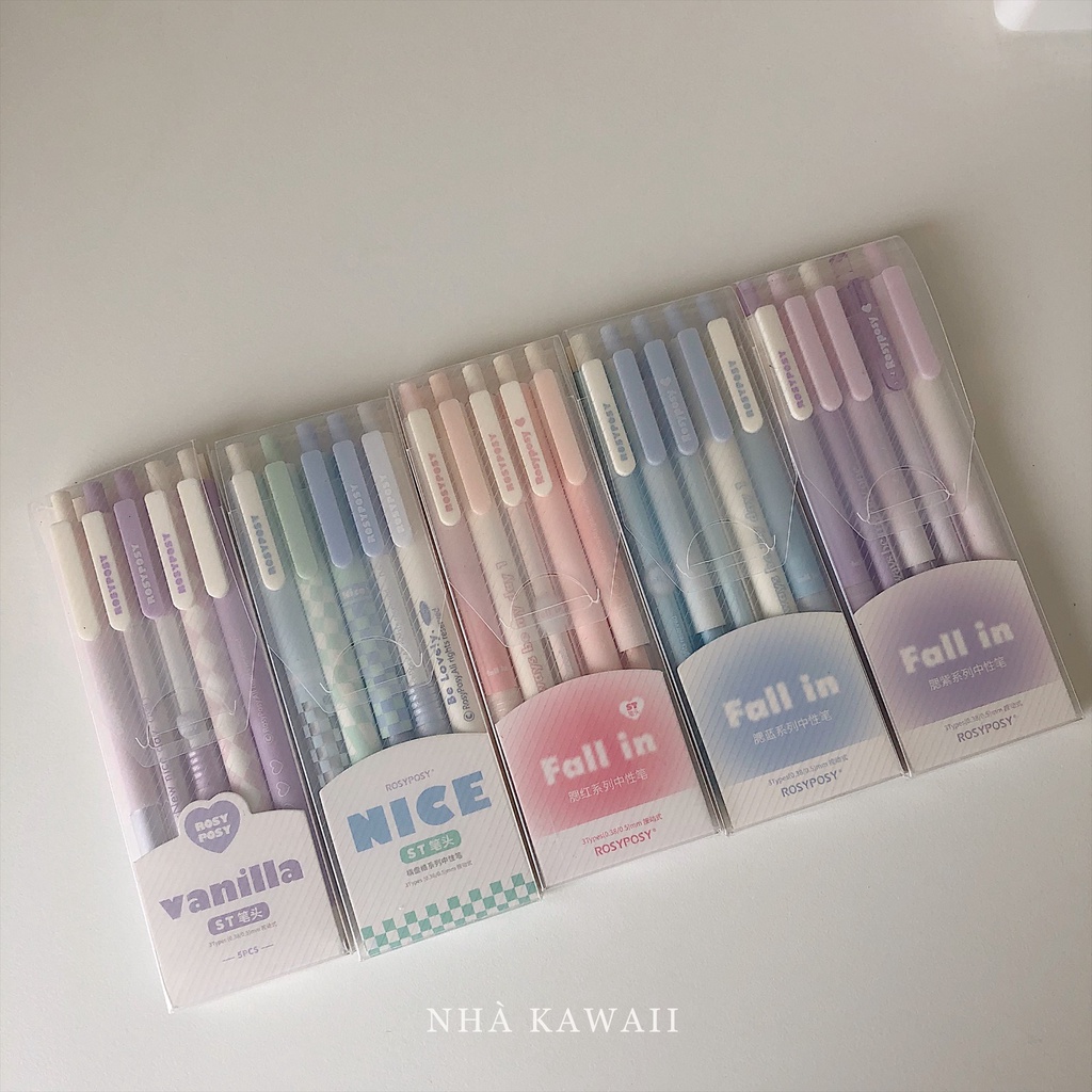 Set bút gel đen Rosy Posy phong cách Hàn Quốc theo tone màu xinh xắn