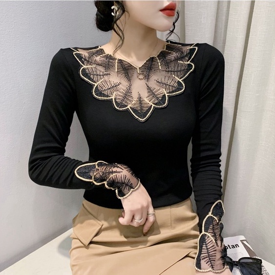 Áo Thun Lưới Tay Dài Thêu Họa Tiết Thời Trang Thu Đông Cho Nữ