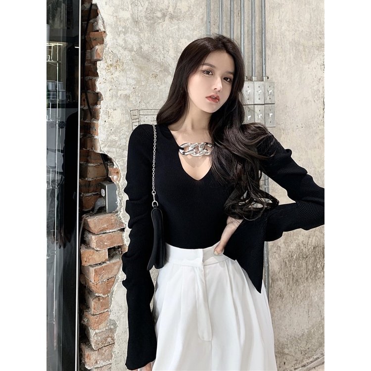 ZHELIHANGFEI Áo Dệt Kim Tay Dài Dáng Ôm Quyến Rũ Dễ Phối Đồ Cho Nữ