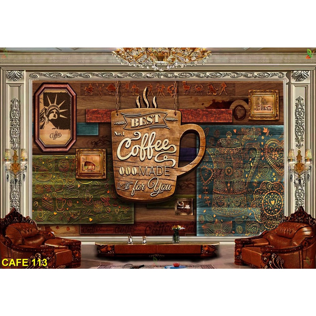 Tranh 3D dán tường trang trí quán cafe, trà sữa cửa hàng quán xá, Tranh dán tường cafe coffee, trà sữa.