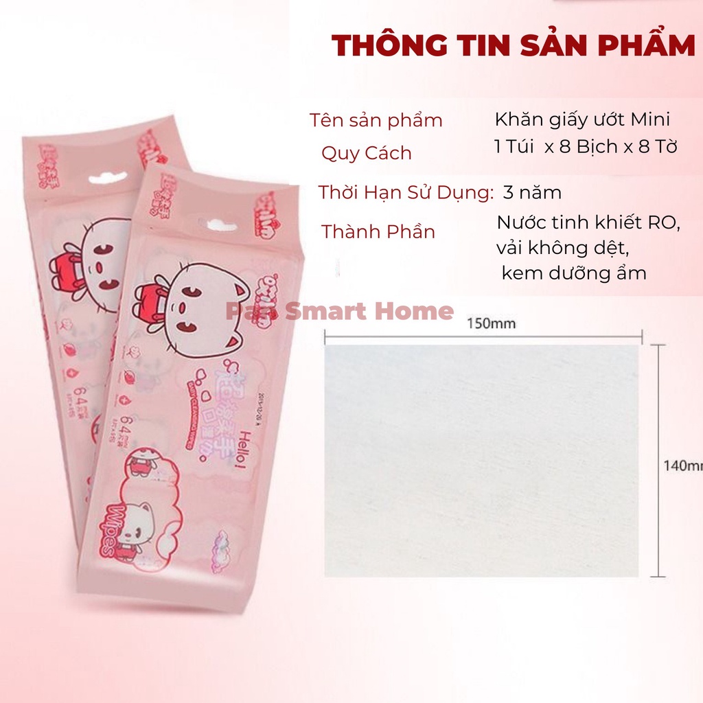 Khăn giấy ướt mini dễ thương tiện lợi bỏ túi, set 8 gói khăn giất ướt tiện dụng.