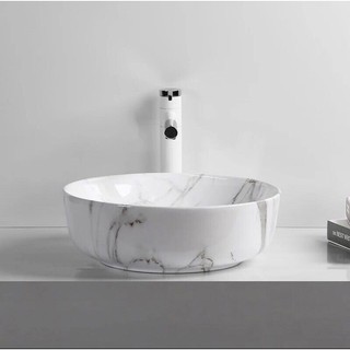 Lavabo rửa mặt bằng sứ màu vân đá nghệ thuật (tròn đặt bàn, nhập khẩu)