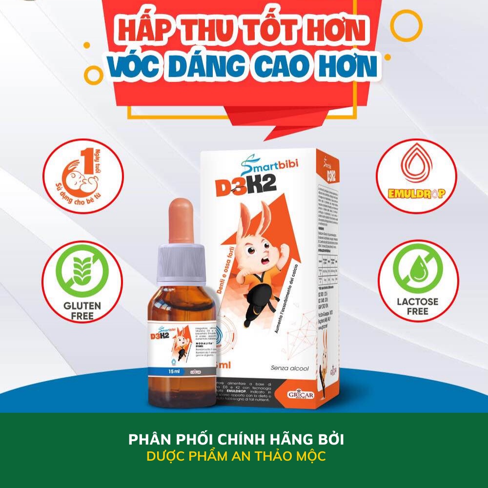 Siro Smartbibi D3K2 bổ sung vitamin tăng khả năng hấp thu canxi xương răng chắc khỏe phát triển chiều cao 15ml