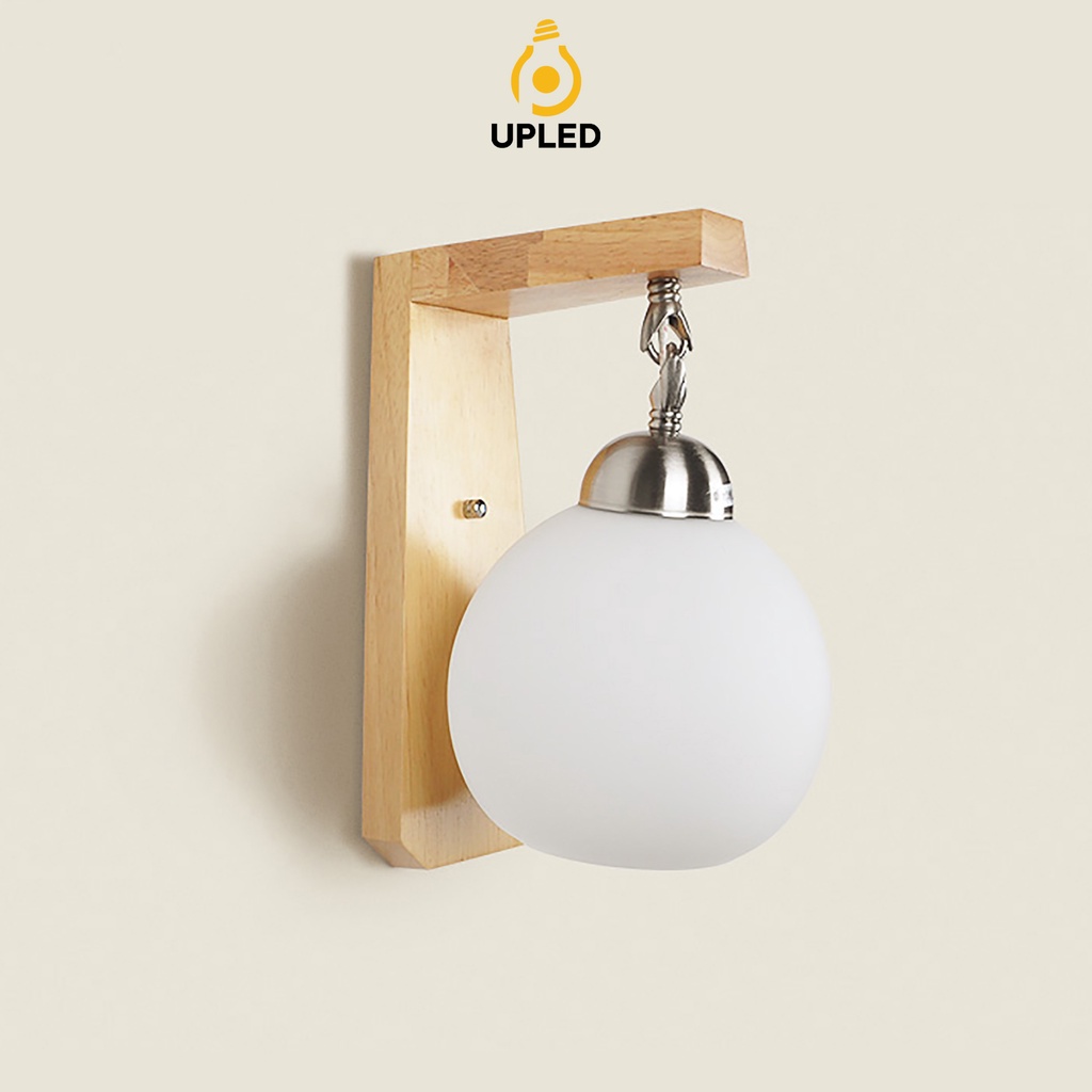 Đèn Treo Tường Trang Trí Phòng Khách Phòng Ngủ Thân Gỗ Chao Sữa Upled