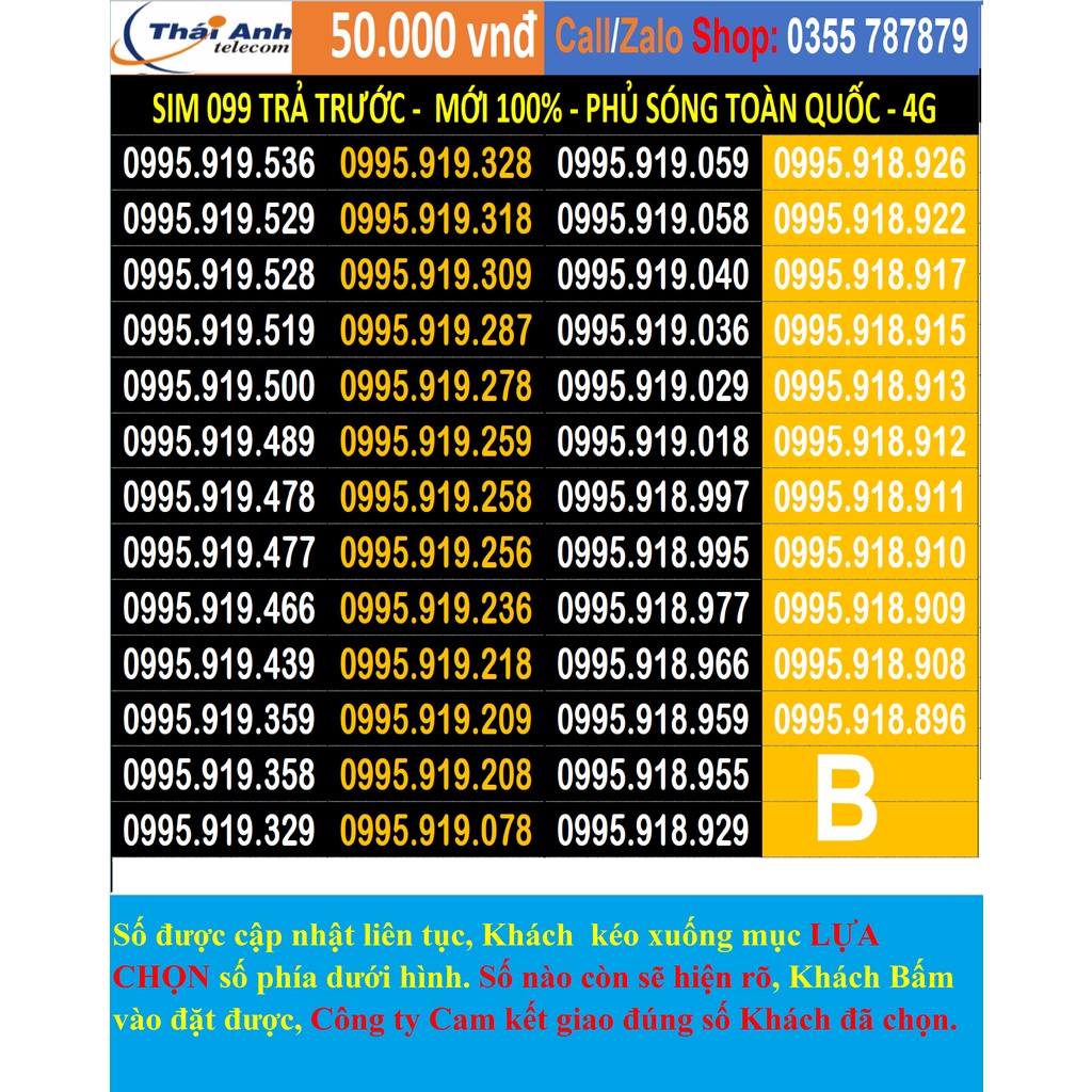 Sim 099 Trả Trước Vùng phủ sóng toàn quốc, Sim NGhe Gọi, Nhắn Tin, 4G, đăng ký chính chủ, Gói cước G55 đồng giá 50.000đ