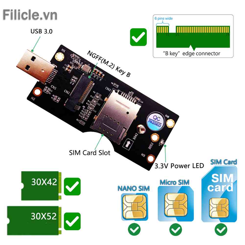 Thẻ Chuyển Đổi NGFF M2 Sang USB 3.0 8pin Cho 3G / 4G / 5G