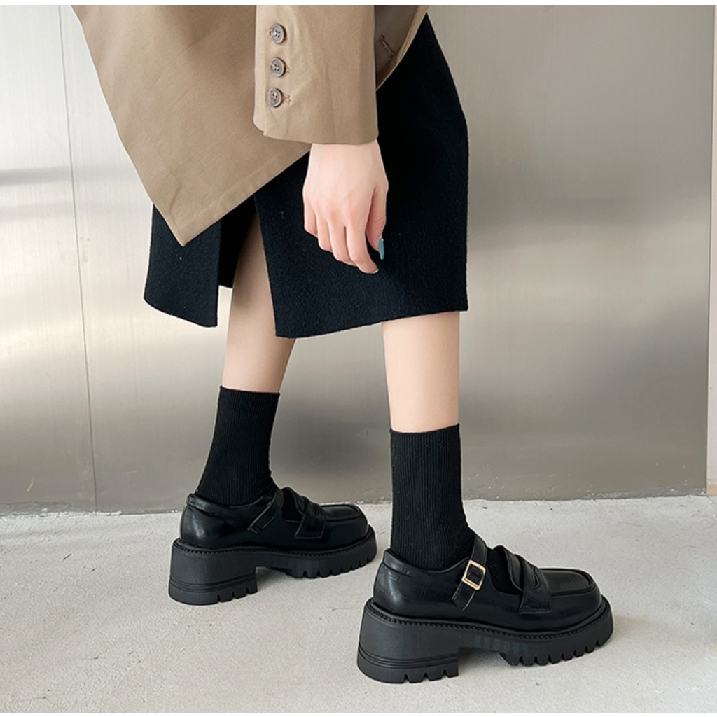 Giày Loafer Nữ Bánh Mì	Đế Cao 5 Phân Mũi Vuông Phong Cách Nhật Bản