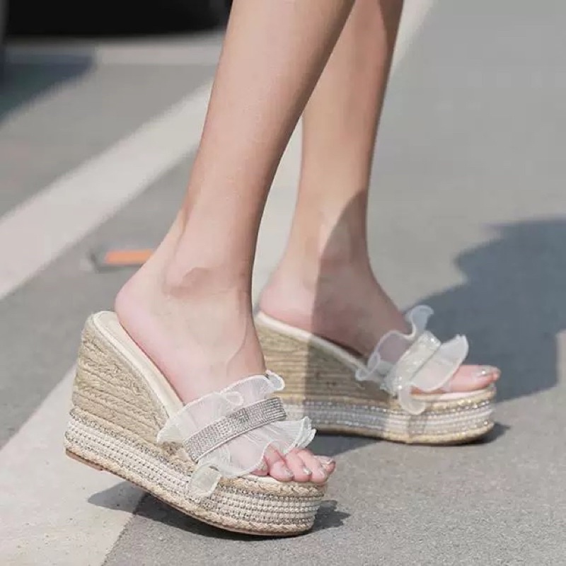 Dép đế xuồng cói viền đá đính nơ 11 cm, hàng cao cấp