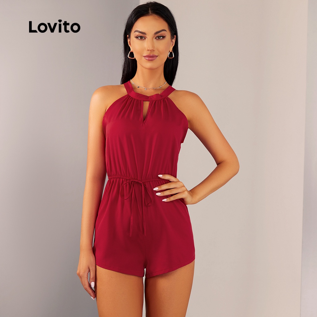 (Hàng có sẵn) Lovito Bộ Áo Liền Quần Eo Chun Buộc Dây Thanh Lịch Cho Nữ L20D1552 (Màu Đỏ )