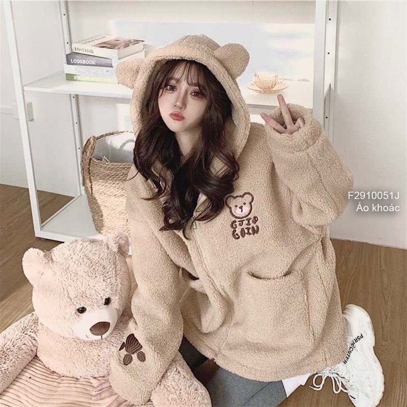 Áo khoác lông có nón tai hình gấu 2 túi TT2910