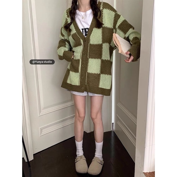 Áo khoác dệt kim nữ dài tay caro ziczac 2 màu, cardigan nữ chất len mềm mịn