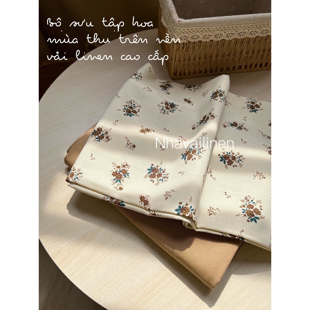 Vải Bột Nhà Vải Linen Hoạ Tiết Hoa Chùm Nâu - Be Đậm Chất Vải Dày Dặn Hình In Bền Sắc Nét Thích Hợp May Áo Dài