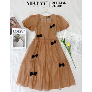 Đầm Nữ NHẬT VY Cổ Vuông Tay Bí Đính Nơ Chất Voan Giấy Đi Tiệc Dáng Ôm Xòe Màu Nude Đen - D2259