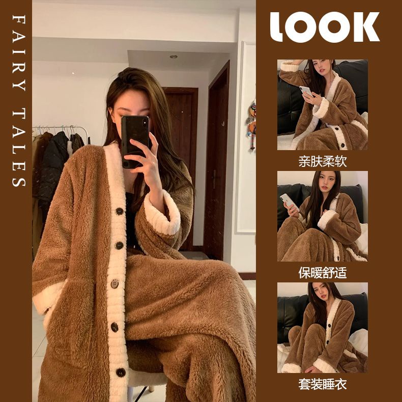 Bộ Đồ Ngủ Lông Cừu San Hô Dày Dặn Phong Cách Mới 2022 Cho Nữ