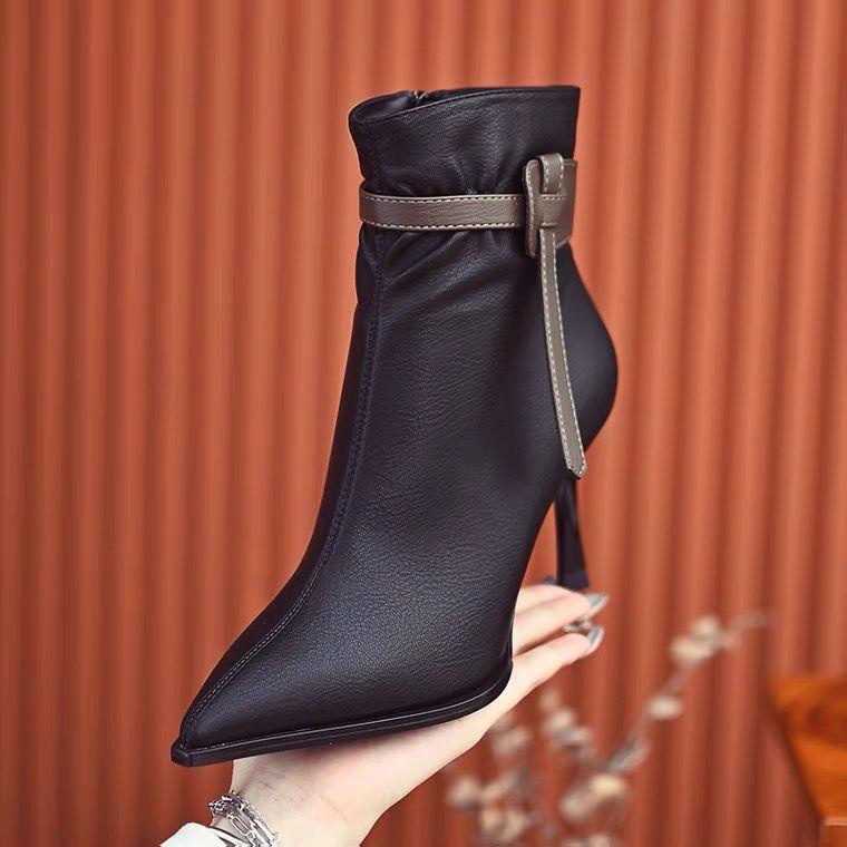 Giày Bốt Cao Gót Mũi Nhọn Phối Nhung Thời Trang Thu Đông Mới 2022