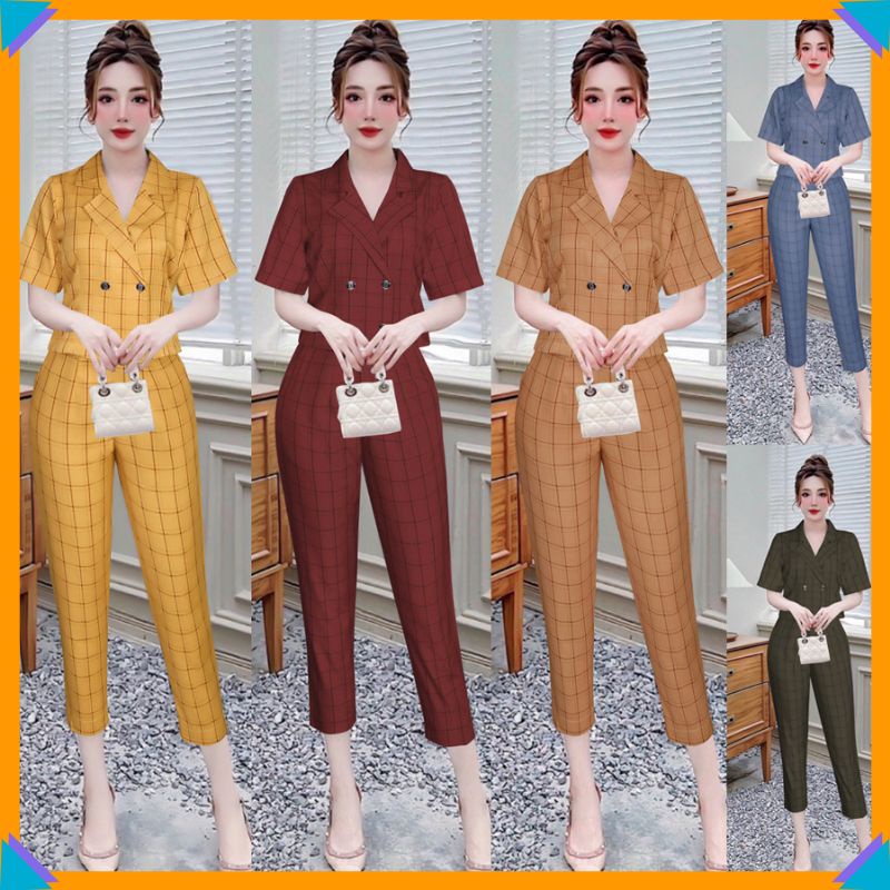 Set bộ nữ 🌸FREESHIP🌸 Set nguyên bộ caro quần lửng áo topcrop xinh xắn J1198