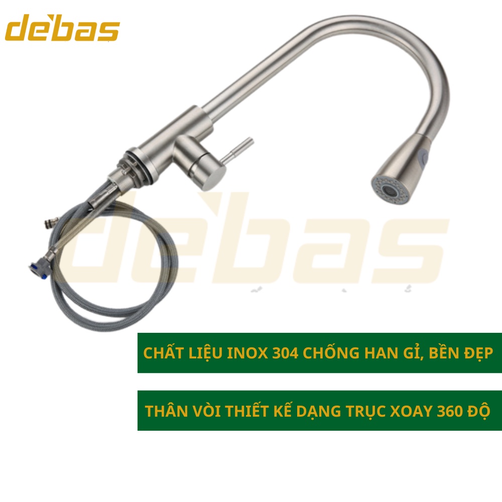 Vòi rửa chén bát dây rút inox 304 hàng đúc nặng cao cấp tặng dây cấp inox nóng lạnh Debas V7212 INOX