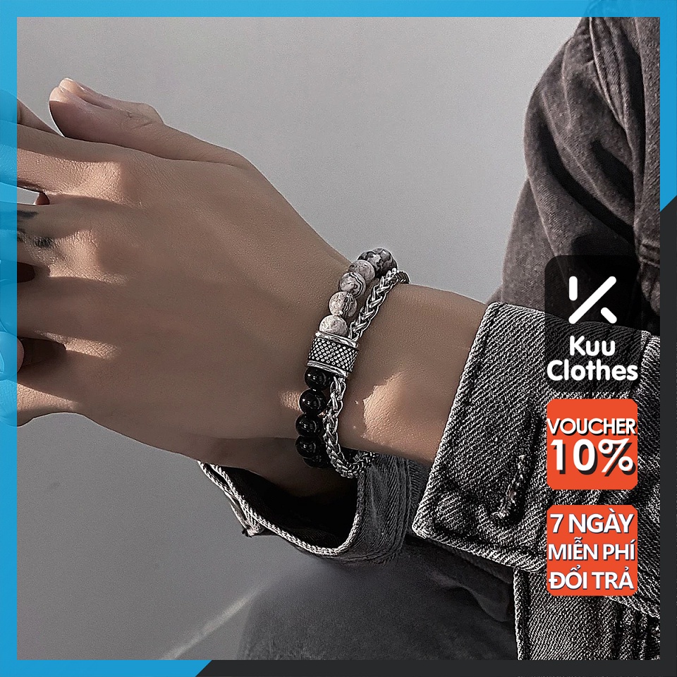 Lắc Tay Nam Chuỗi Hạt Kuu Clothes - Vòng Tay Dây Đen Xám Thép Titan Không Gỉ - Vòng Đeo Tay Punk Đen Xám