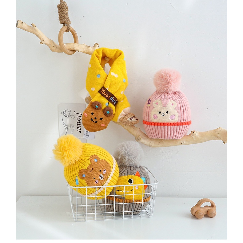 Set Mũ Len + Khăn Choàng Cổ Giữ Ấm Mùa Thu Đông Cho Bé Trai, Bé Gái