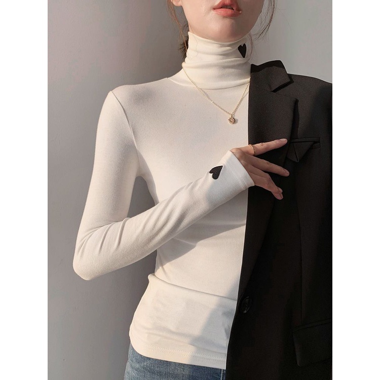 Áo Thun Nữ Cổ Cao Thêu Hình Trái Tim Phong Cách Hàn Quốc