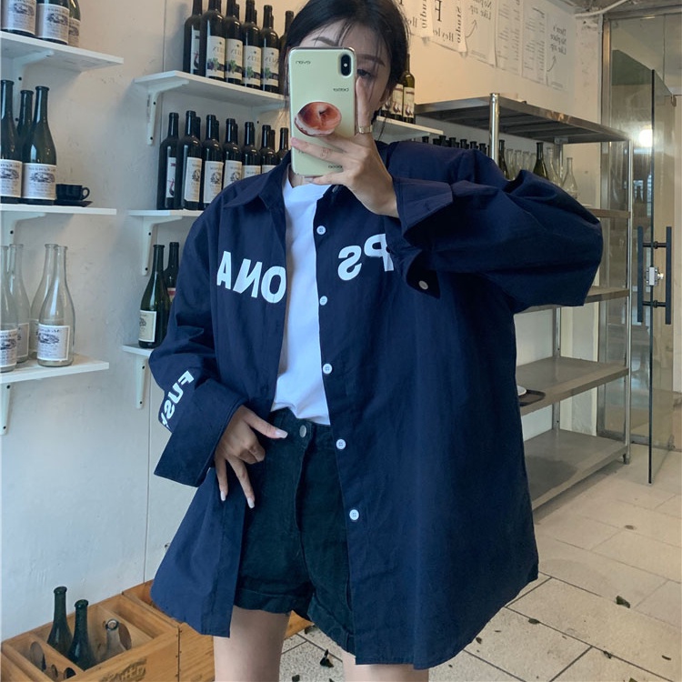 Áo sơ mi SUXI tay dài dáng rộng in chữ trẻ trung phong cách Hàn Quốc cho bạn gái