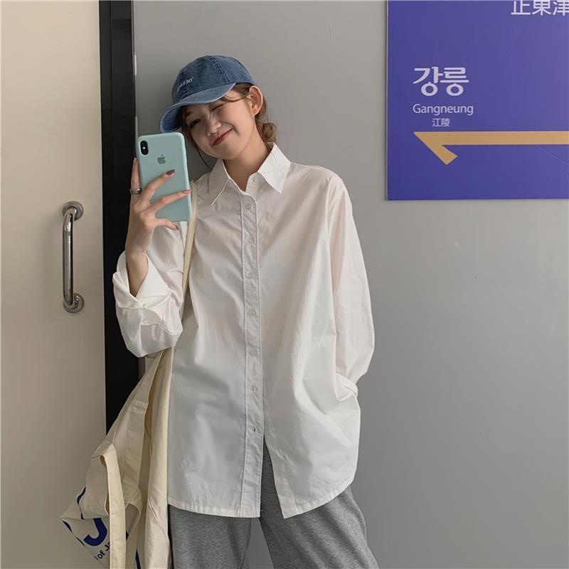 Áo Sơ Mi Tay Dài Dáng Rộng Màu Sắc Đơn Giản Thời Trang Mùa Thu Cho Nữ