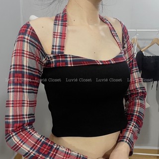Áo Kiểu Croptop Tay Dài Trễ Vai Cúp Ngực Cổ Yếm Họa Tiết Kẻ Caro Phong Cách Hàn Quốc Cho Nữ_Luviecloset