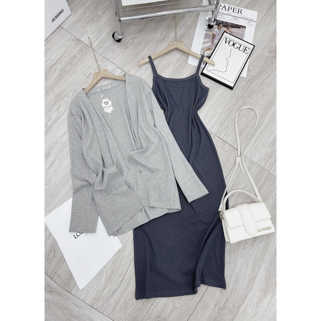 Set đồ nữ DN117 áo khoác cardigan váy len dài vải len tăm sọc dày dặn co dãn