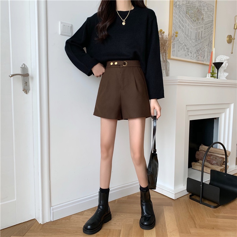 IELGY Quần Short Len Mỏng Lưng Cao Thiết Kế Đơn Giản Dễ Phối Đồ Cho Nữ
