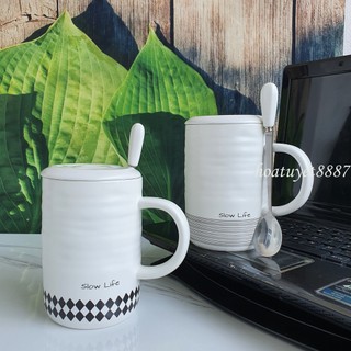 Ly cốc sứ cao cấp Slowlife có nắp và muỗng dung tích 420ml