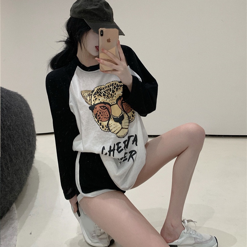 NRVP Áo thun nữ dài tay dáng rộng in hình phong cách Hàn Quốc kiểu