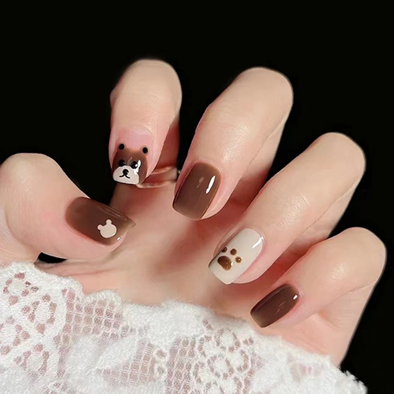 Móng tay giả nâu trắng hoạt hình dễ thương (bộ 24 móng) 💖 SẴN KEO DÁN 💖