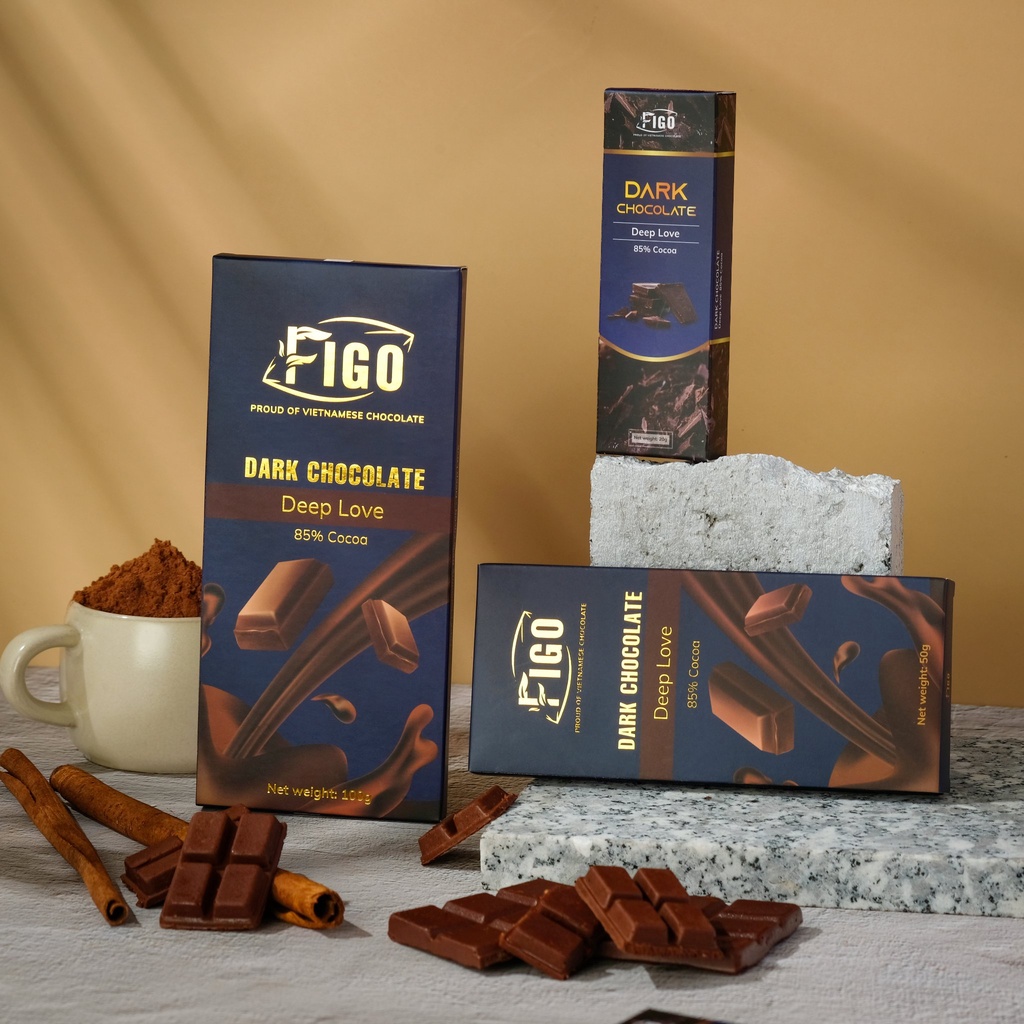 Dark Chocolate 85% cacao ít đường nguyên chất Figo, đồ ăn vặt keto, diet, ăn kiêng