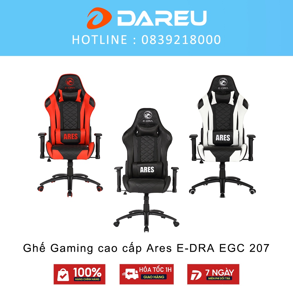 Ghế Gaming cao cấp Ares E-DRA EGC 207 - Màu Đen, trắng, đỏ - Chất liệu: Da PU dễ dàng vệ sinh - Bảo hành 12 tháng
