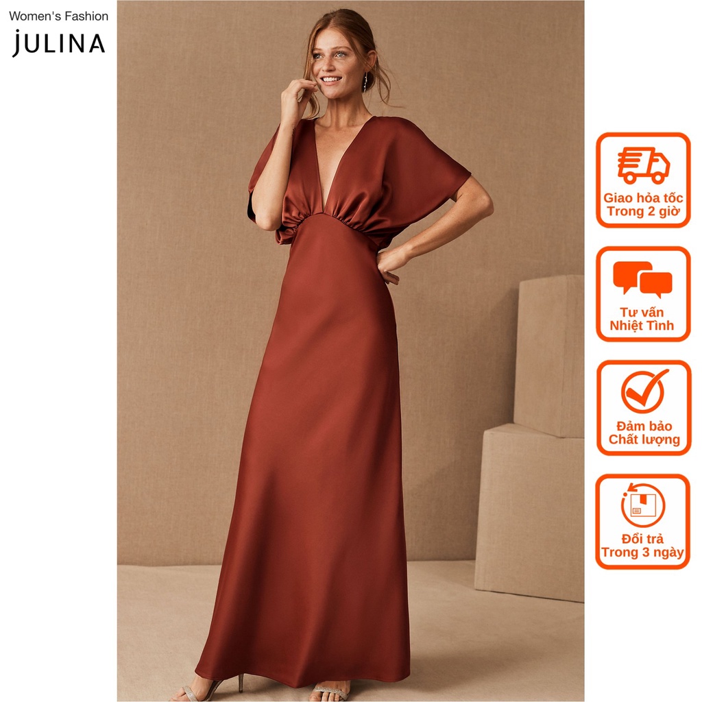 Đầm maxi cổ chữ v satin màu đỏ cam sang trọng dự tiệc SachinandBabi - jf670