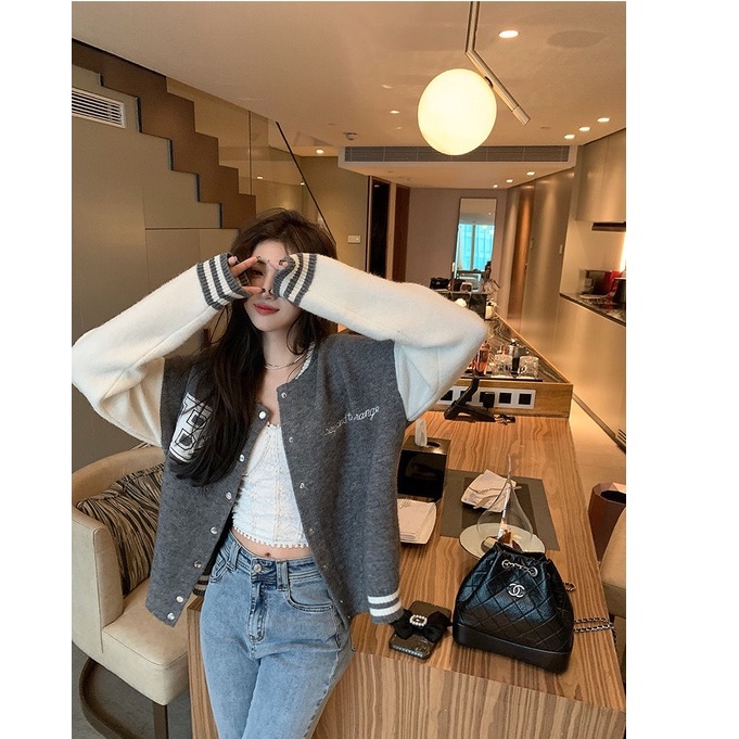 Áo Khoác Bóng Chày Tay Dài In Chữ Phối Màu Sắc Độc Đáo Thời Trang Mùa Thu Cho Nữ