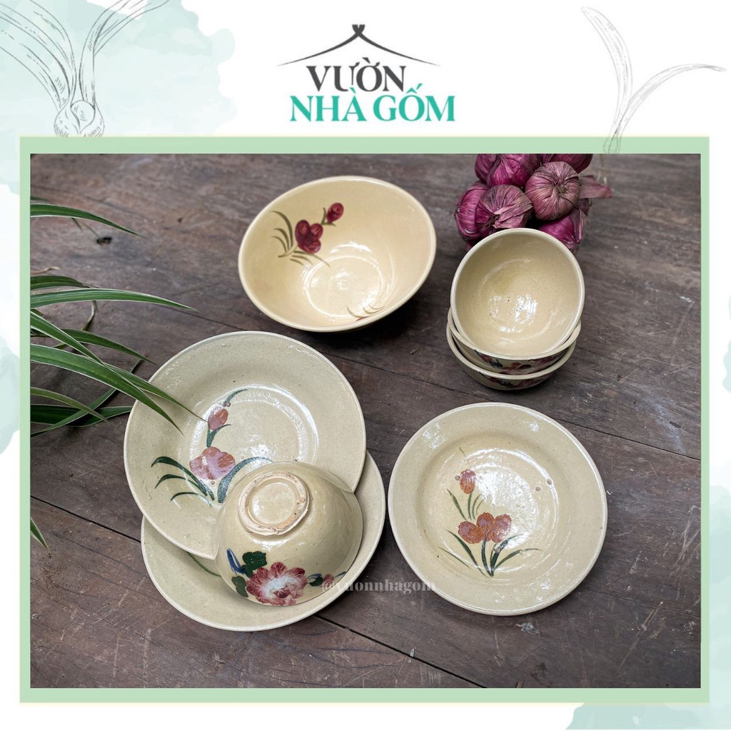 Set mẫu chén bát các loại vẽ hoa nâu, bộ bàn ăn gia đình dân giã- Vườn Nhà Gốm