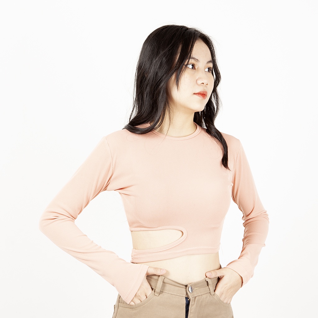 Áo thun croptop nữ tay dài ôm khoét eo vải cotton mềm mịn siêu tôn dáng
