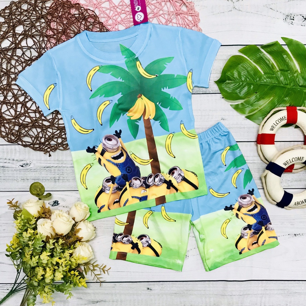 Đồ bộ cho bé, đồ bộ thun lạnh cộc tay bé trai, bé gái in 3D hình Minion size đại cho bé 10 - 60kg