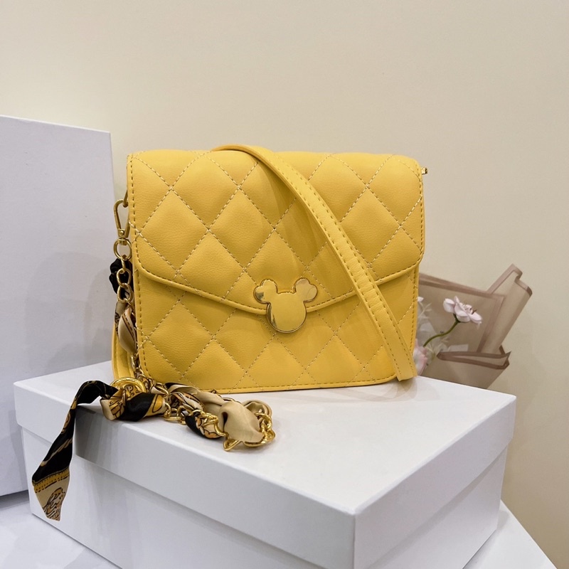 Túi đeo chéo khóa hình chuột dễ thương kèm nơ phối xích dây da phong cách Korea dễ thương thanh lịch