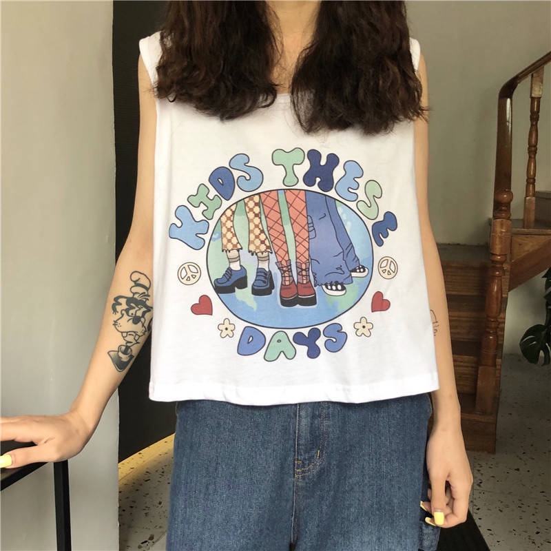 Áo Thun Sát Nách Dáng Rộng Phong Cách Harajuku Hàn Quốc Thời Trang Mùa Hè Cho Nữ